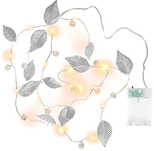 Nipach GmbH Lichterkette „Perlen + Blätter“ SILBER 20 LED warm weiß Batterie Timer Xmas-Deko Weihnachts-Deko Weihnachtsbeleuchtung