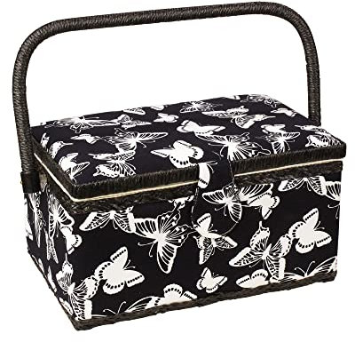 Adolfo Design Nähkorb mit Blumendruck, Aufbewahrungsbox mit herausnehmbarem Tablett, integriertem Nadelkissen und Innentasche, Größe M, 27,9 x 17,8 x 14 cm, Schmetterlings-Design