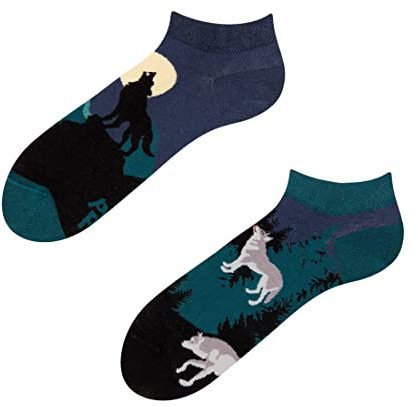 Dedoles Sneaker Socken Low Cut Füßlinge Unisex Damen Herren Baumwolle lustiges Design Geschenk links rechts verschieden, Farbe Blau, Motiv Mondwolf Knöchelsocken, Gr. 43-46