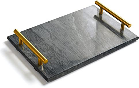 Moreast Schwarzes Tablett aus echtem Marmor mit goldenem Griff, Naturstein, dekoratives Tablett mit Metallgriff für Badezimmer, Küche, Schminktisch, Kommode, Nachttisch, Schreibtisch, 30 x 20 cm,