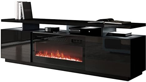 Mirjan24 TV Schrank Lostino mit Elektrischem Kamin Realistische LED-Flamme Kristallherd Elektrischer Kamin mit Heizung TV Lowboard (mit LED Beleuchtung schwarz/schwarz Hochglanz)