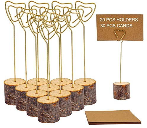 20 Pcs Rustic Wood Place Card Holders and 30 Pcs Kraft Place Cards, Wooden Table Number Holder Stand Photo Picture Note Clip Holders for Wedding Party Name Sign(Gold Heart Wire)