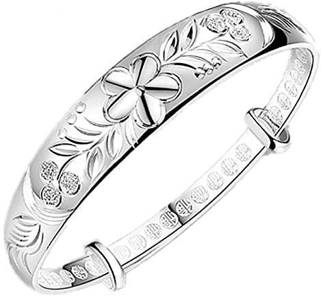 KAYISI Cuff Bangle Chain Bracelets,925 Silver Bracelet Hand Carve Flower Vine Adjustable Cuff Bangle Friendship Bracelet Ladies Silver Jewellery Birthday Gifts For Sisters Friend Couples Mom