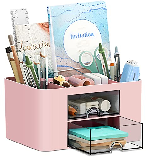 PAMIYO Schreibtisch Organizer 7 Fächer Plastik Büro Organizer, Multifunktionaler Stiftehalter Schreibtisch mit Schublade,Tisch Organizer aus Kunststoff, Stifteköcher für Büro Zuhause Schule (Rosa)