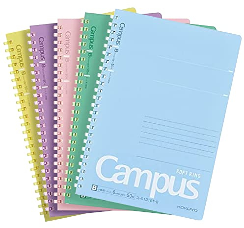 KOKUYO Campus SU-S131BT - Quaderno ad anelli morbidi, formato A5, 6 mm, a righe, 29 righe, 50 fogli, set di 5 colori, importato dal Giappone