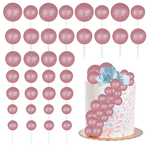 30Pcs Balls Cake Topper Glitter Foam Ball Cake Picks Faux Pearl Ball Shaped Cupcake Insert Cake Topper for Baby Shower Wedding Anniversary Kids Birthday Graduation Party Cake Decorations Pink