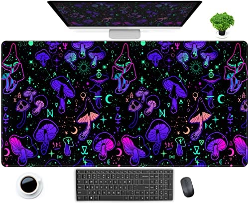 Anime Pink Purple Green Desk Mat Cute Cool Magic Mushroom Mouse Pad Witchy Desk Pad Kawaii XXL Large Extended Full Desk Gaming Mousepad Desktop Protector Laptop Keyboard Mouse Mat 31.5x15.75 in
