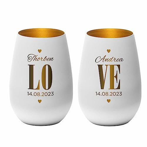 4youDesign 2-er Windlicht zur Hochzeit personalisiert, Motiv Love 2 Namen, Datum graviert (Metall-Weiß-Gold), Hochzeitsgeschenk für das Brautpaar, Teelichthalter zur Trauung, Jahrestag, Jubiläum