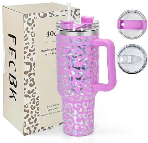 FECBK 1,2L Kaffeebecher to Go Thermobecher Doppelwandig Edelstahl Vakuumisoliert Auslaufsicher Trinkbecher mit Deckel und Strohhalm 40 oz Tumbler Cup, Spülmaschinenfest, Lavendel Rose Leopard