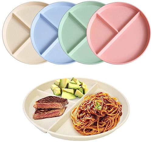 QKURT 4 Pieces Divided Dinner Plates,9 inch Unbreakable Portion Control Plates,Reusable Picnic Plates,3 Compartment Diet Plates,Microwave and Dishwasher Safe Dishes for Adult Children Kids