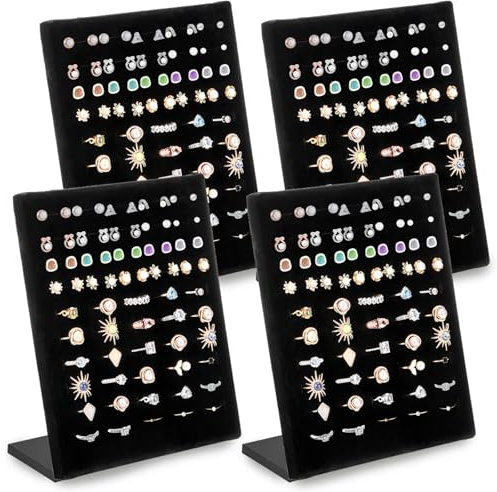 Hiceeden 4 Pack Velvet Ring Display Stand, 50 Slots Ring Organizer Jewelry Display Tray, L-Shaped Ring Holder Display for Selling Earrings Rings, Black