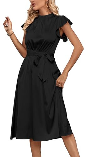 LYANER Women's Frill Mock Neck Tie Waist Flutter Sleeve Ruffle Hem Flowy A Line Midi Dress, Black, S