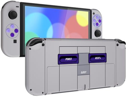 eXtremeRate Carcasa Completa para Nintendo Switch OLED, Tapa Trasera & Placa de Soporte con Botones Coloridos para NSO, Funda Protectora NS Joycons - Clásico SNES
