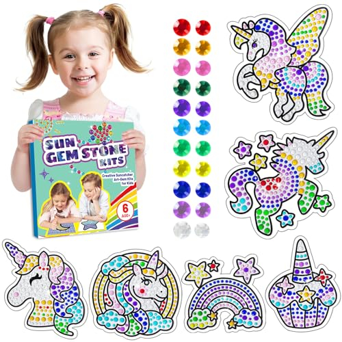 BASIFA 6 Blatt Diamant Fenster Kunst Bastelsets für Kinder Alter von 6 7 8 9 10 Jahren, Einhorn Regenbogen Kuchen DIY Diamant Malerei Set für Mädchen und Jungen