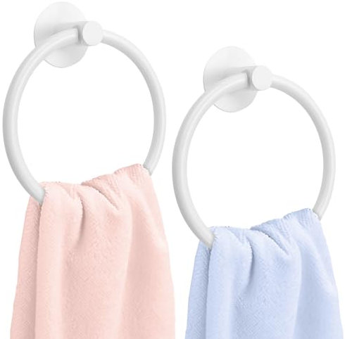 Daily Treasures Lot de 2 porte-serviettes blancs, anneaux porte-serviettes en aluminium, noir, 16,5 cm, support mural auto-adhésif 3M pour cuisine et salle de bain