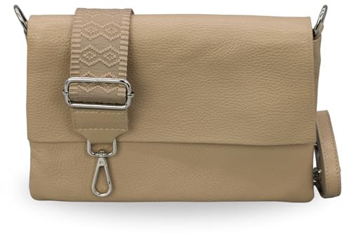 BRISE Umhängetasche Damen Echtes Leder ELISA Handgemachte Handtasche Kleine Schlanke Tasche 3 Fächer Crossbody Bag mit Ledergurt + Optionalen Breiten Gemusterten Riemen Made in Italy (Taupe-5)