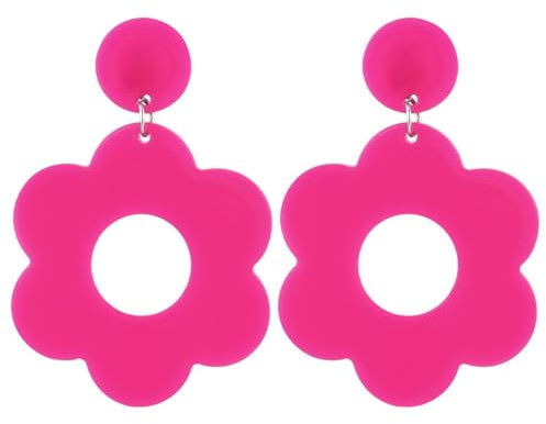 Neon Retro Flower Acrylic Earrings - Cute Hollow Daisy Design for Women & Girls - 60s 70s 80s Party Accessories - Fashion Jewellery Gift for Valentine's Day (Rose Red)