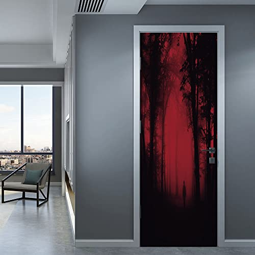 Türtapete Selbstklebend Roter Baum Schwarz Türfolie Selbstklebend PVC Türaufkleber Abnehmbar Türposter Abziehen und Aufkleben Türtapete Wasserdichte Tür Folie Selbstklebend 95x215cm