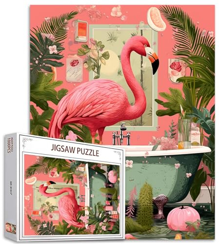 Tucocoo 1000 Teile Puzzle für Erwachsene - Rosa Flamingo Malerei in Badewanne, Dschungel Tier - Anspruchsvolles Familienaktivitätsspiel, Badezimmer Kunst, DIY Wanddekoration
