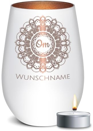 PR Print Royal Windlicht mit Gravur - Yoga Mandala mit OM-Mantra - mit Name - Yoga-Geschenk für Frauen, Personalisierte Geschenke für Yogalehrerin | inkl. Teelicht, 450 ml, Weiß/Bronze