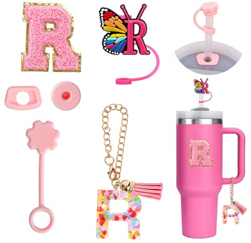 FIDWALL Stanley Cup Accessories, 6 x Personalised Straw Cover, Tumbler Initials Decorations, Letter Stickers, Letter Charm, Leak Stopper