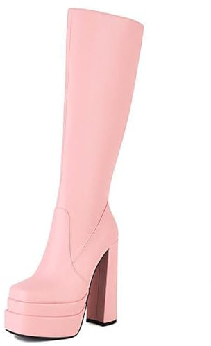 WEHAM Rosa,41,Stivali alti al ginocchio con plateau da donna, stivali lunghi invernali da donna in pelle PU con tacco largo e cerniera laterale