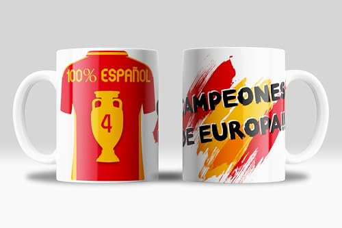 Taza de la Selección Española de Fútbol - Con bandera de España y Camiseta - Taza Desayuno Arriba España de Cerámica 11oz / 330ml - Regalo original y Futbolero (Campeones de Europa)