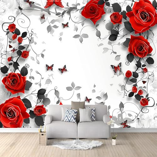 Photo Wallpaper 250 x 175 cm, 3D Effect Murals Modern 3D Flower Red Rose Poster Wallpaper for Bedroom Dining Room Kitchen and kidsroom Decoration, White Art Mural Wallpaper