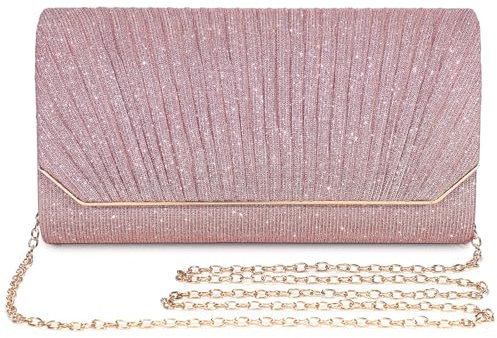 BAIGIO Elegante Abendtasche Damen Clutch Umhängetasche Klein Handtasche Brauttasche mit Glitzer und Abnehmbarer Kette, Frauen Kettentasche für Hochzeit Party Cocktail Abschlussball Freizeit (Rosa)