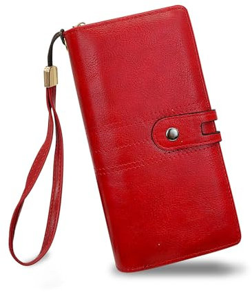 FuninCrea Portefeuille Femme Grand Format Porte Carte avec Dragonne Amovible et Fenêtre d'Identification, Longues Porte Monnaie Femme avec 12 Fentes pour Cartes et 2 Compartiments (Rouge)