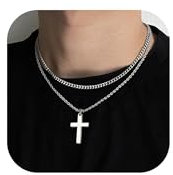 JeweBella Kreuz Kette Herren Männer Silber Geschichtet Kreuzkette Edelstahl Halskette Herren Kette mit Kreuz Anhänger Silber Schmuck Geschenke für Männer Junge 41-61CM