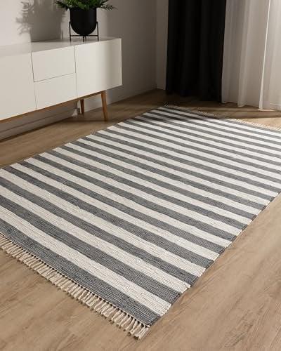 benuta Pop Baumwollteppich Tom - Grau/Creme 60x100 cm - Handgewebter Wohnzimmer Teppich - 100% Recycelte Baumwolle - Für Fußbodenheizung geeignet