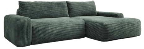 Luxusbetten24 Designer Sofa Luma mit Stauraum und Schlaffunktion | Bezug: Cord | Farbe: Grün | Stellvariante: Rechts