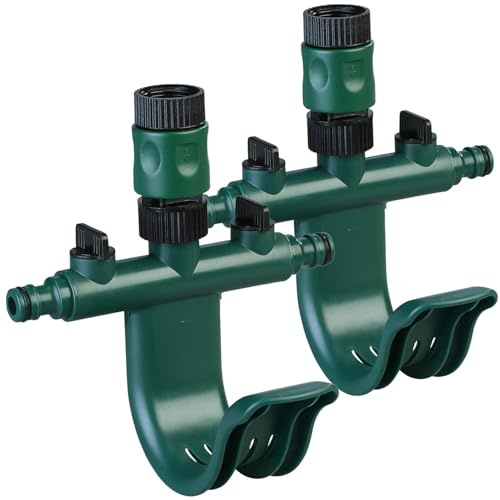Royal Gardineer Schlauch-Halter: 2er-Set Regulierbarer 2-Fach-Wasserverteiler mit Schlauchhalterung (Wasserschlauch Wandhalterungen, Wandschlauchhalter, Haken)