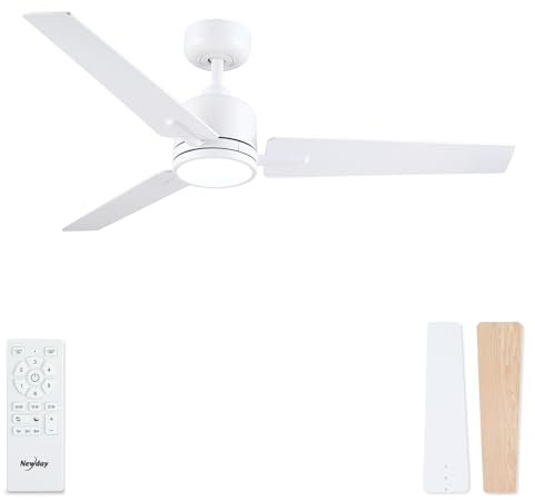 Newday 42” White Ceiling Fan with Lights and Remote, Conservatory Ceiling Fan with Lamps Dimmable, Quiet Reversible DC Ceiling Fan with 3 Timer for Bedroom Living Room Basement Kitchen Terrace