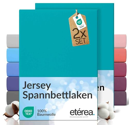 etérea Jersey 2er Set Spannbettlaken 140x200cm - 160x200cm Ocean bis 25 cm Höhe - 100% Baumwolle Spannbetttuch Oekotex - Doppelpack Bettlaken 140x200 cm - 160x200 cm - Blau