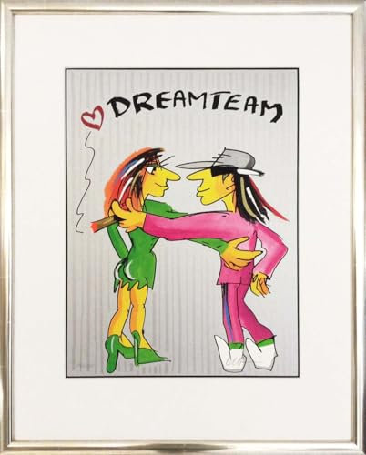 Kunstverlag Christoph Falk Dreamteam (Edition 2024) - Udo Lindenberg Bild - handsignierte Auflage original Grafik im silberfarbenem Rahmen hinter Museumsglas. Likörell. Siebdruck.