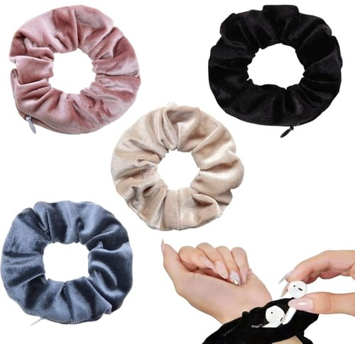 4 Stück Haargummis Damen mit Reißverschluss-Tasche, Elastische Samt Scrunchies, Reise-Gadgets für Frauen, Geheimverstecke für Wertsachen