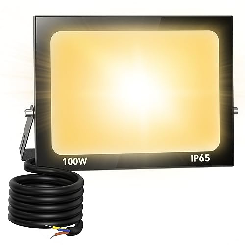 Zelvia 100W LED Strahler Außen 10000LM Superhell LED Strahler 3000K Warmweiß Scheinwerfer Außen IP65 Wasserfest Fluter Außenstrahler für Sportplatz Garage Garten Hotel