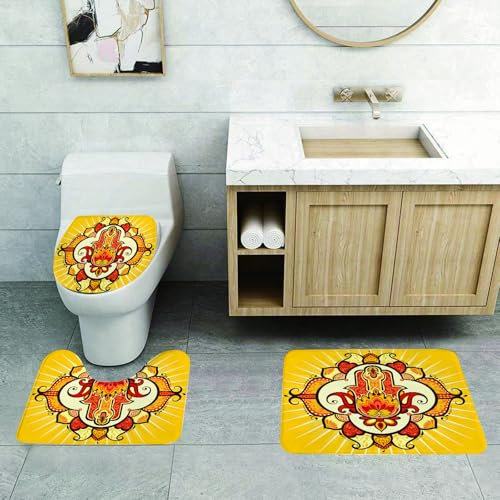 QRFASFZO 3 Stück Badematten und WC Vorleger Microfaser Weiches Badteppich badvorleger rutschfest Waschbar Badezimmerteppich Set,Hamsa, ethnisches, von der Sonne inspiriertes Design, Aura-Energie-YOG