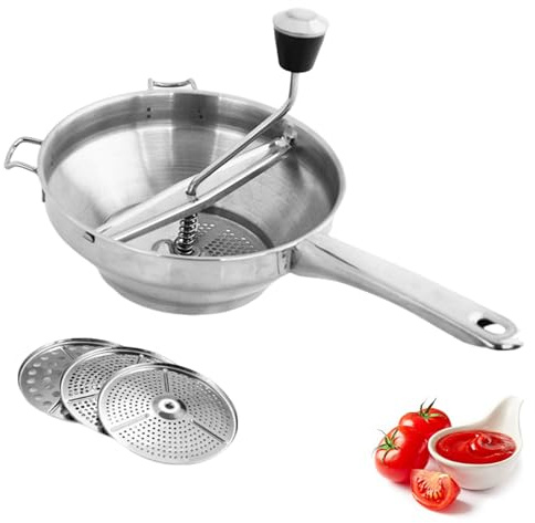 Food Mill - Stainless Steel Manual Food Masher with 3 Discs, Baby Complementary FoodMaker, Vegetable Grinder, Vegetable Strainer Sauce Maker, for Tomato Sauce, Potatoes, Canned Goods