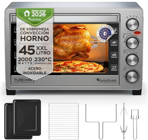 TurboTronic EVS45, Four électrique 45 L, Four posable à chaleur tournante, Mini four, 2000 W, 230°C, Argent