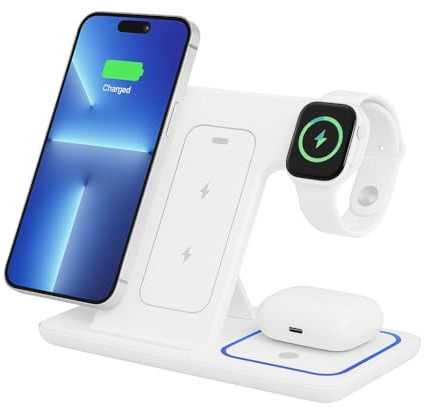 Cargador Inalámbrico 3 en 1 100W para iPhone y Samsung – Compatible con Auriculares Inalámbricos y Apple Watch – Plegable, Carga Rápida Qi, Estación de Carga Multifuncional (Blanco)