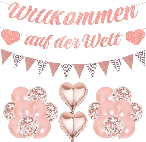 Welcome Home Baby Deko Set – 23 Stück Roségold Willkommen Auf Der Welt Girlande Banner Hängedeko Papier Ballons Herzförmig Für Geburt Babyparty Zuhause Feier