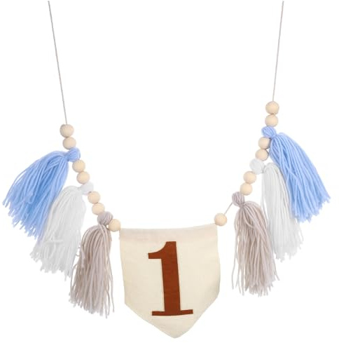 GARVALON Boho Hochstuhl Banner Geburtstag Girlande mit Quasten und Holzperlen Weiche Einfache Montage Stilvolle Geburtstag Deko für Mädchen und Jungen Indoor Outdoor Geeignet