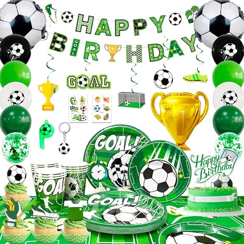 Kit de Decoración de Fútbol para Fiesta Cumpleaños Infantil con Globos | para 16 Personas, Set 113 Pcs con Platos, Vasos, Mantel, Banderín y Topper
