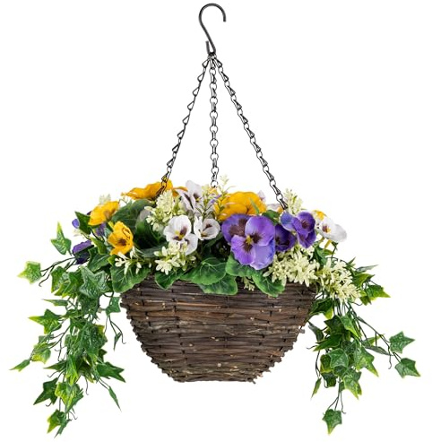CHRISTOW Artificial Pansy Hanging Basket, Purple, Yellow & White, 25cm | Ready to Hang Wicker Basket, Realistic Pansies, Sweet Potato & Boxwood Leaves, UV-Protected, Triple Steel Hanging Chain