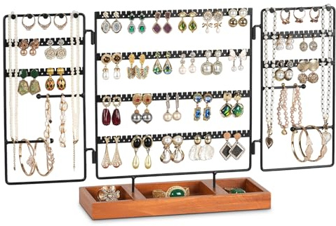 GHIAKQYT présentoir à boucles d'oreilles, support à boucles d'oreilles, présentoir à bijoux, rangement à bijoux mobile, support à bijoux et plateau en bois - organiseur de boucles d'oreilles