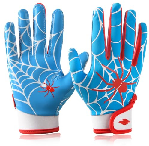 RSPGO Youth Football Gloves Kids Enhanced Grip Silicone Wide Receiver Gloves for Boys Girls,FG Spider Blue M/L