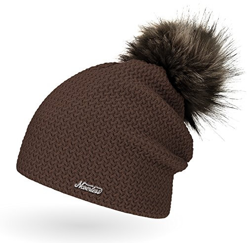 Neverless Damen Strickmütze mit Fell-Bommel, Kunstfell Winter-Mütze, Bommelmütze, braun Unisize